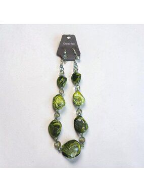 Charles Klein Green Swirl Bead Necklace & Earrings Set Crystal Accents